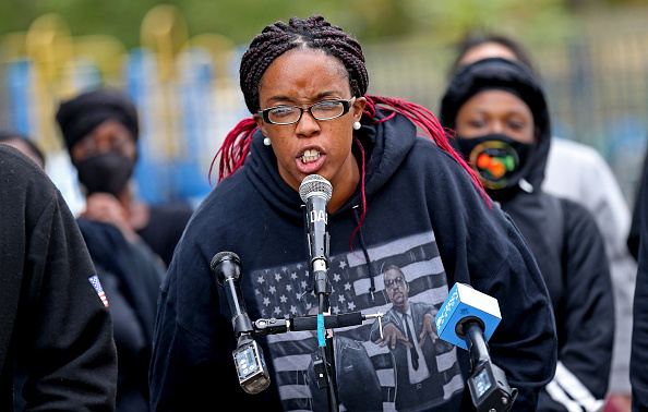 Monica Cannon-Grant speaks during a Black Lives Matter rally in front of Boston Police Headquarters on Sept. 22, 2020, in Boston, Massachusetts.   