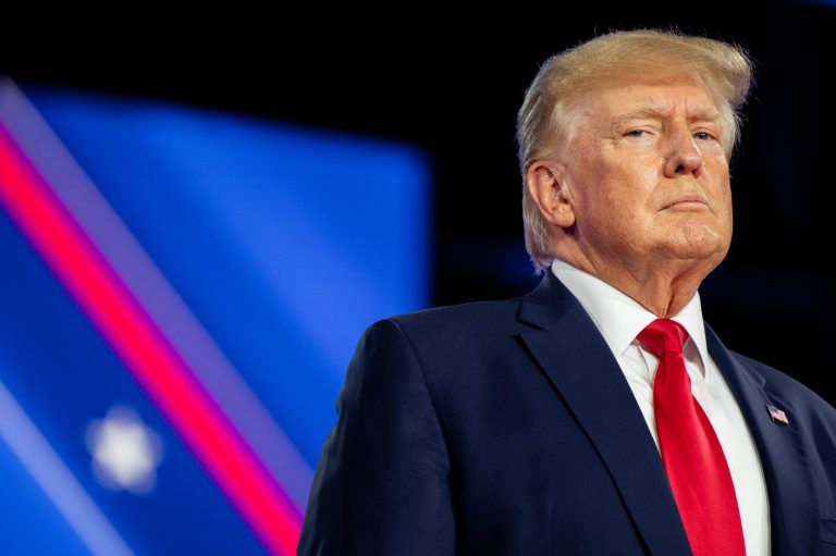 Former U.S. President Donald Trump prepares to speak at the Conservative Political Action Conference CPAC held at the Hilton Anatole on August 06, 2022 in Dallas, Texas.
