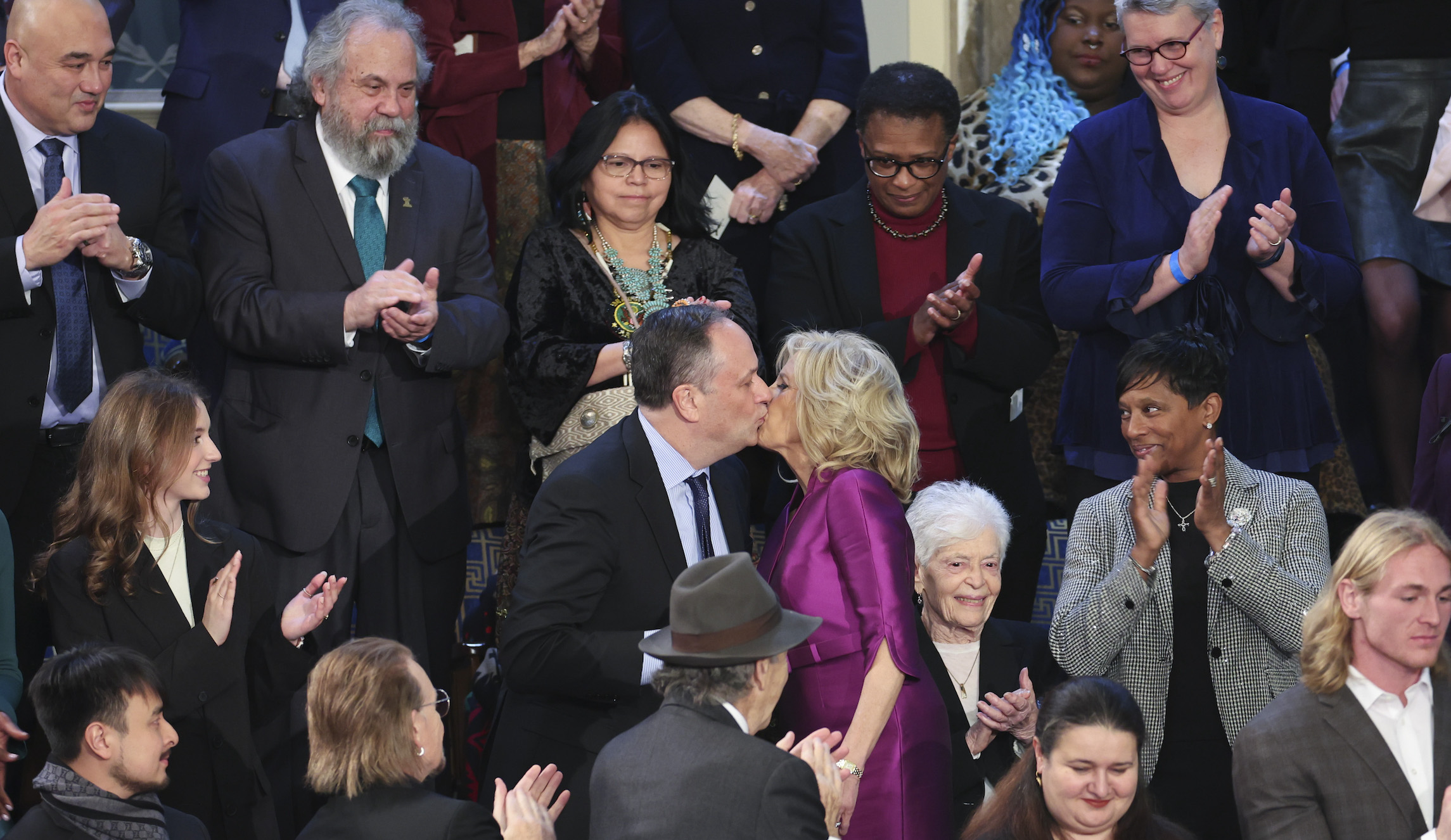 Kamala Harris tight-lipped about ‘Smooch of the Union’ between her husband and Jill Biden