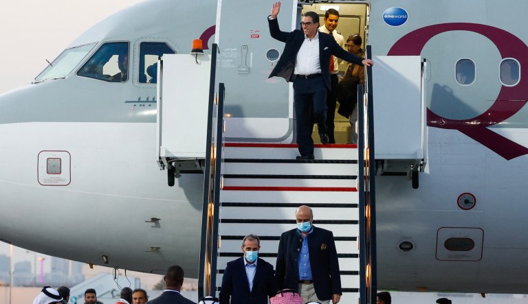 U.S. citizens Siamak Namazi, Emad Sharqi, and Morad Tahbaz disembark from a Qatari jet upon their arrival at the Doha International Airport in Doha on Sept. 18, 2023. Five U.S. detainees, three previously identified as Siamak Namazi, Morad Tahbaz, and Emad Sharqi, and two who wish to remain anonymous, released by Iran landed in Doha in a prisoner swap on Sept. 18 after $6 billion in frozen funds were transferred to Iranian accounts in Qatar.