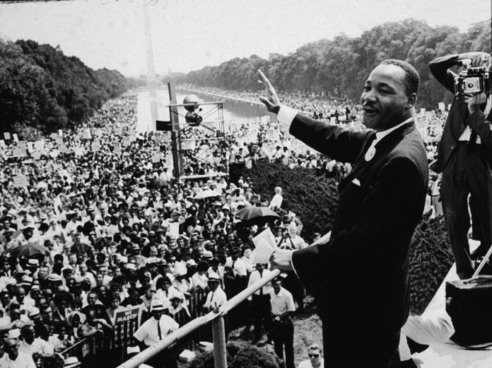 American Civil Rights leader Dr. Martin Luther King Jr. (1929-1968) addresses a crowd at the March On Washington D.C, on August 28, 1963. 