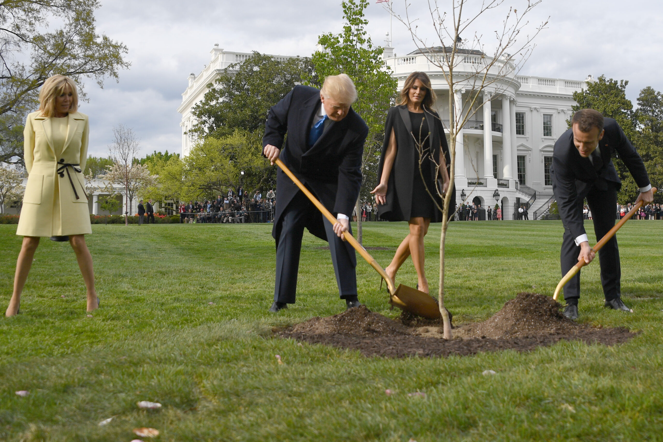 Donald Trump Melania Trump Emmanuel Macron Plant Tree at White House