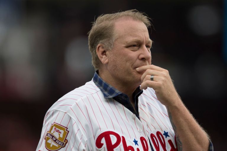 Former MLB pitcher Curt Schilling looks on prior to the game between the Milwaukee Brewers and Philadelphia Phillies at Citizens Bank Park on June 10, 2018 in Philadelphia, Pennsylvania. 
