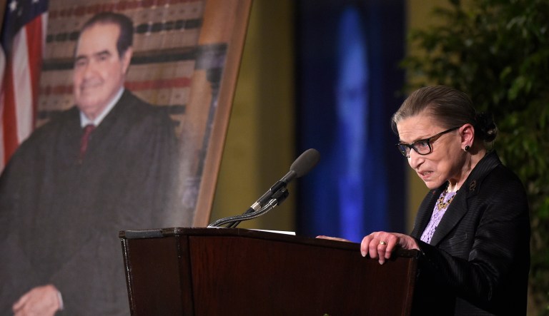 Supreme Court Justice Ruth Bader Ginsburg speaks at the memorial service for Supreme Court Justice Antonin Scalia, Tuesday, March 1, 2016, at the Mayflower Hotel in Washington.