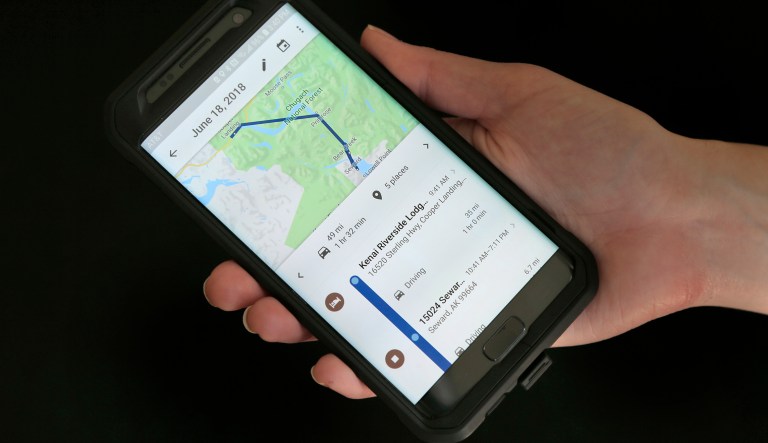 In this Wednesday, Aug. 8, 2018, photo a mobile phone displays a user's travels in New York. Google records your movements even when you explicitly tell it not to. An Associated Press investigation shows that using Google services on Android devices and iPhones allows the search giant to record your whereabouts as you go about your day.