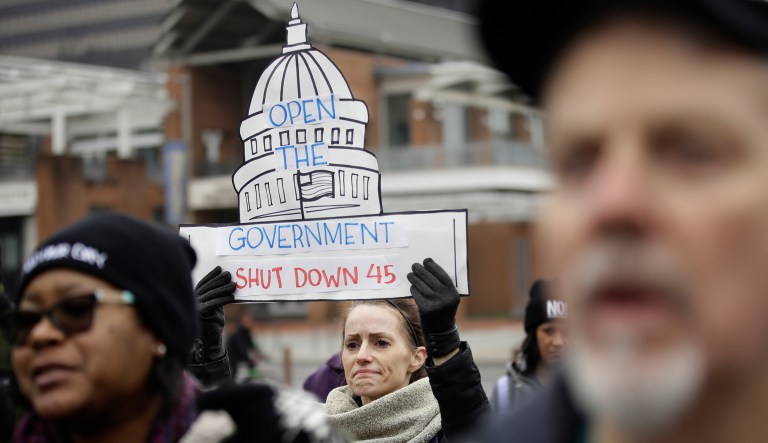 Jenn Hallam demonstrated against the partial government shutdown on Independence Mall in Philadelphia, Tuesday, Jan. 8, 2019.