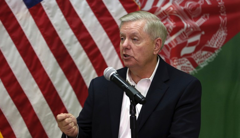 U.S. Senator Lindsey Graham, speaks during a press conference at the Resolute Support headquarters in Kabul, Afghanistan, Monday, Dec. 16, 2019. In a surprise visit to Afghanistan, U.S. Senator Lindsey Graham said Monday that President Donald Trump will announce an American troop drawdown this week, which could begin before the end of the year.