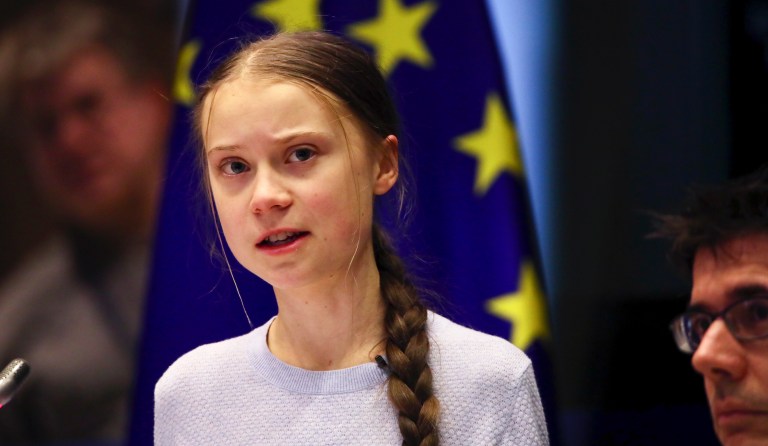 Swedish climate activist Greta Thunberg addresses a meeting of the Environment Council at the European Parliament in Brussels, Wednesday, March 4, 2020. 