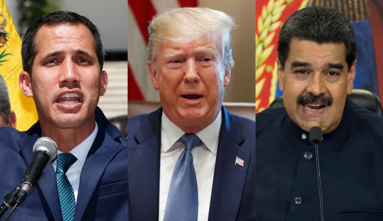 Juan Guaido, Donald Trump, Nicolas Maduro.