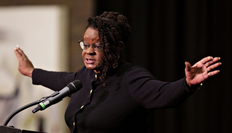 Representative Gwen Moore, a Democrat from Wisconsin, speaks during a campaign rally for Democratic candidates in Milwaukee, Wisconsin, U.S., on Monday, Oct. 22, 2018. Senator Bernie Sanders visited Wisconsin as part of a nine-state swing with to give a boost to progressive candidates ahead of the November 6 midterm elections.