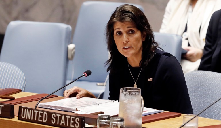 U.S. Ambassador Nikki Haley addresses the United Nations Security Council, Monday, Sept. 17, 2018, at U.N. headquarters.