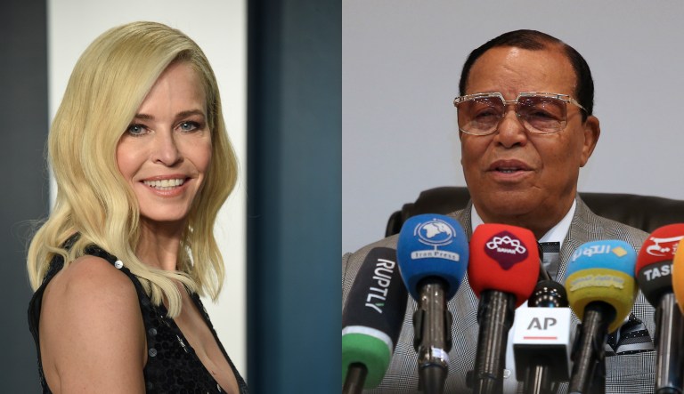 Chelsea Handler (left) and Louis Farrakhan (right) are seen.