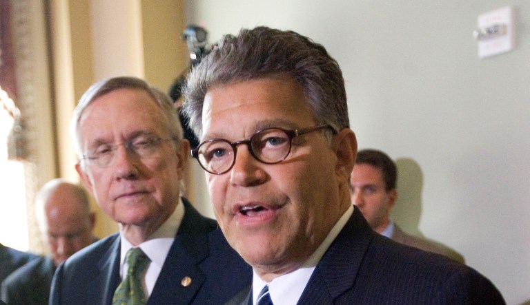Minnesota's Democratic Senator-elect Al Franken, right, with Senate Majority Leader Harry Reid, D-Nev., speaks during a news conference on Capitol Hill,  Monday, July 6, 2009, in Washington.