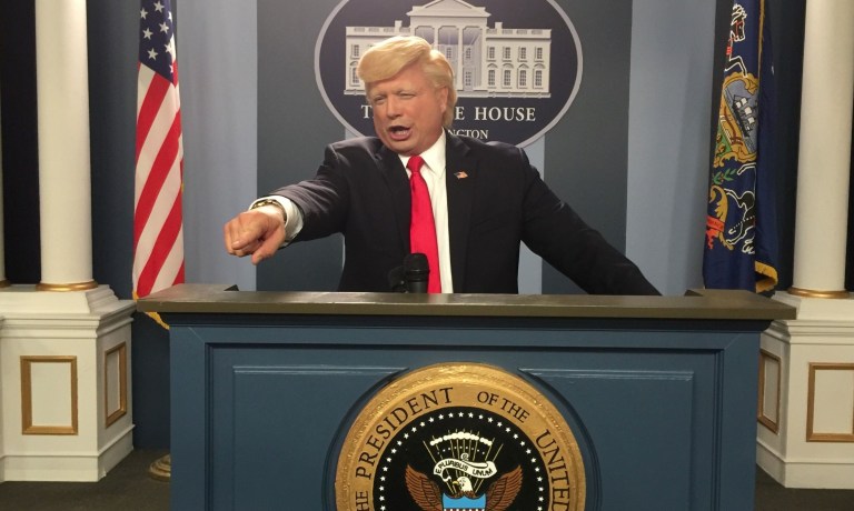 Trump impersonator John Di Domenico built a replica of the White House briefing room at his Las Vegas home