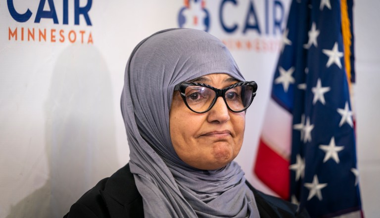 Aida Shyef Al-Kadi, of St. Louis Park, holds a press conference at CAIR-MN headquarters in Minneapolis on Tuesday, December 17, 2019. Al-Kadi reached a settlement with Ramsey County for $120,000 after claiming religious discrimination after being forced to remove her hijab for a booking photo and go without a hijab for a time while in jail.