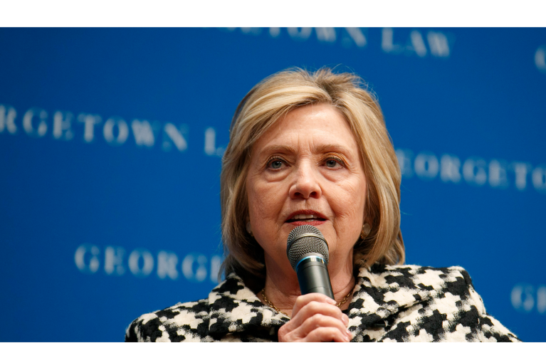 FILE - In this file photo dated Wednesday, Oct. 30, 2019, former U.S. Secretary of State Hillary Clinton speaks at Georgetown Law's second annual Ruth Bader Ginsburg Lecture, in Washington. Clinton told the BBC on Tuesday Nov. 12, 2019, that she's âdumbfoundedâ the U.K. government has failed to release a report on Russian influence in British politics as the country prepares for national elections on Dec 12. (AP Photo/Jacquelyn Martin, FILE)