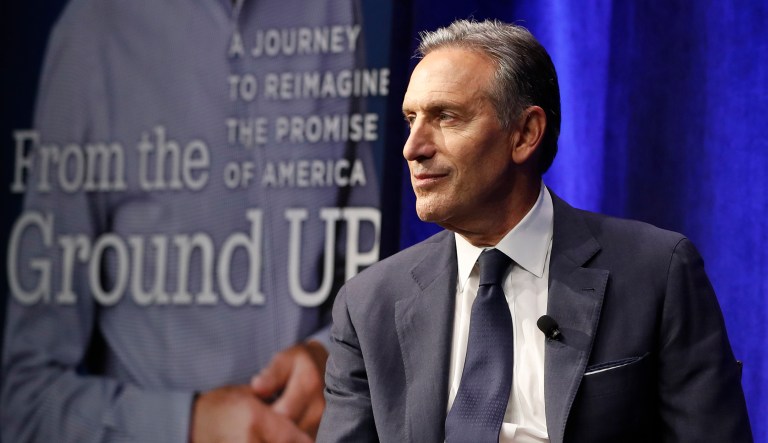 Former Starbucks CEO and Chairman Howard Schultz looks out at the audience during the kickoff event of his book promotion tour Monday, Jan. 28, 2019, in New York. Democrats across the political spectrum lashed out at the billionaire businessman on Monday after he teased the prospect of an independent 2020 bid, a move Democrats fear would split their vote and all but ensure President Donald Trump's re-election.