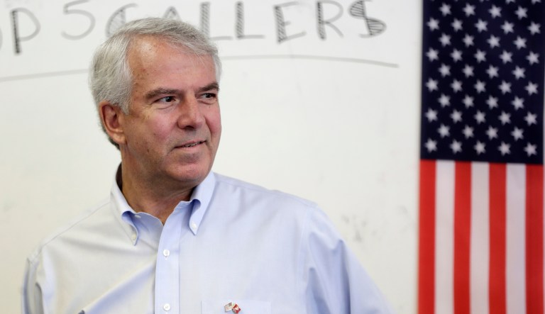 Bob Hugin, a Republican candidate running in in next week's New Jersey primary election for U.S. Senate, talks with constituents during the Monmouth GOP Super Saturday campaign drive, Saturday, June 2, 2018, in Colts Neck, N.J.