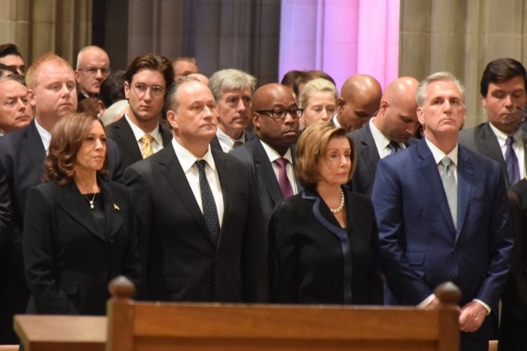 Vice President Kamala Harris, second gentleman Doug Emhoff, Speaker Nancy Pelosi, and House Minority Leader Kevin McCarthy attend the memorial service for Queen Elizabeth II at the Washington National Cathedral on Sept. 21, 2022.
