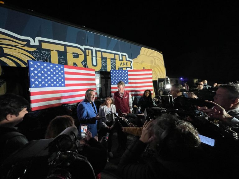Gov. Glenn Youngkin (R-VA), Sen. Ted Cruz (R-TX) and Congressional Candidate Yesli Vega (R) speak to reporters in Dumfries, VA