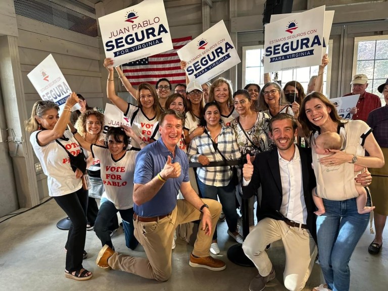 Virginia governor Glenn Youngkin, with Virginia state senate candidate, Juan Pablo Segura, one of three candidates in tough battle ground seats for Republicans that Youngkin has vigorously supported to secure a Red majority in a Blue state.