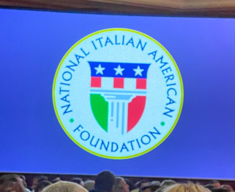 The logo of the National Italian American Foundation is seen at the National Italian American Foundation Gala.