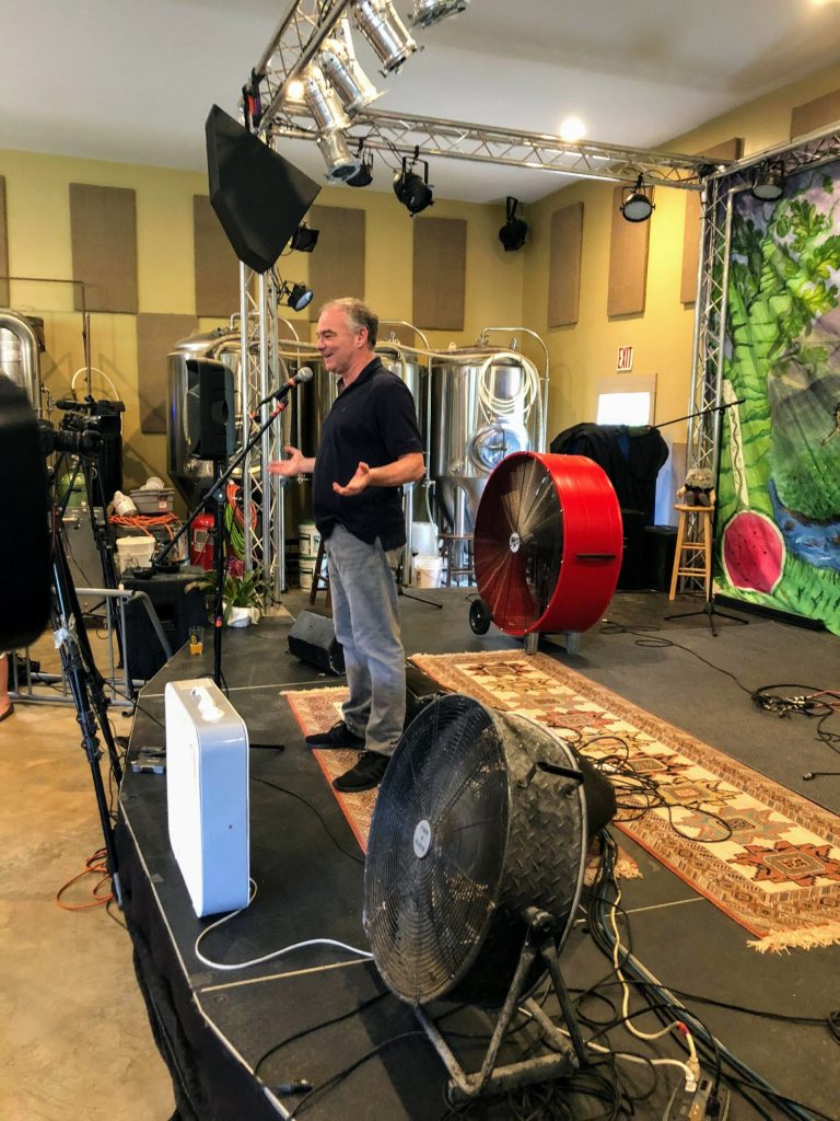 Virginia Sen. Tim Kaine traveled outside the Beltway to deliver his pitch for reelection at Round Hill's B Chord Brewery.