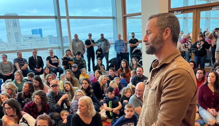 Kirk Cameron speaks with families at a story hour time held at the Indianapolis Public Library in Indiana, in December 2022.