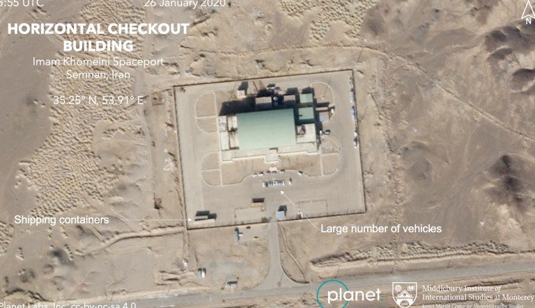 This Jan. 26, 2020, satellite image from Planet Labs Inc. that has been annotated by experts at the James Martin Center for Nonproliferation Studies at Middlebury Institute of International Studies shows activity at the Imam Khomeini Space Center in Iran's Semnan province.