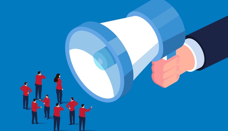 Megaphone and crowd. 