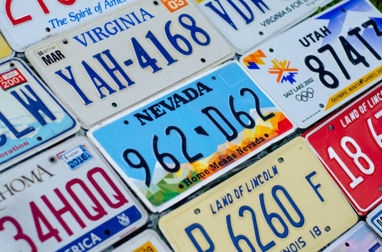 Vehicle registration plates of the United States of America are on display, May 11, 2019.