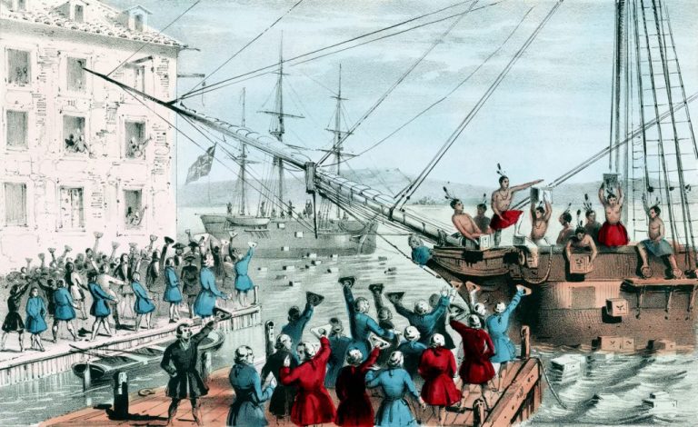 Vintage illustration features the Boston Tea Party, a political protest that occurred on Dec. 16, 1773, in Boston, Massachusetts.
