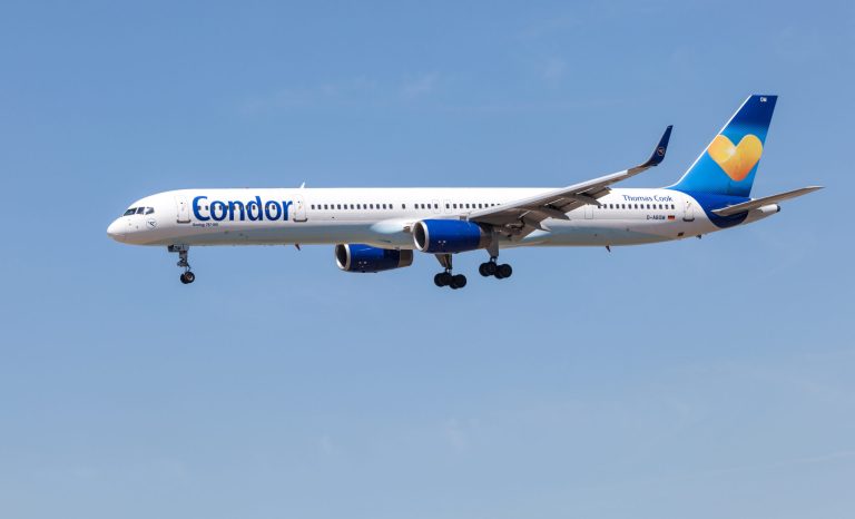 Frankfurt Main, Germany - July 10, 2015: Boeing 757-300 aircraft of the airline Condor on approach to Frankfurt International Airport.