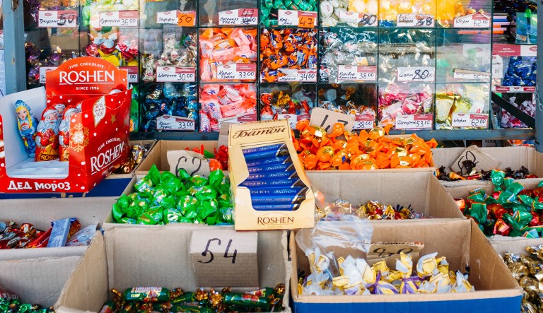 Assorted sweets, including chocolate bars, are on display in a market in Kiev, Ukraine.