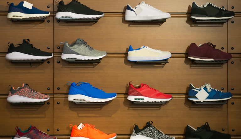 A display of assorted running sneakers.