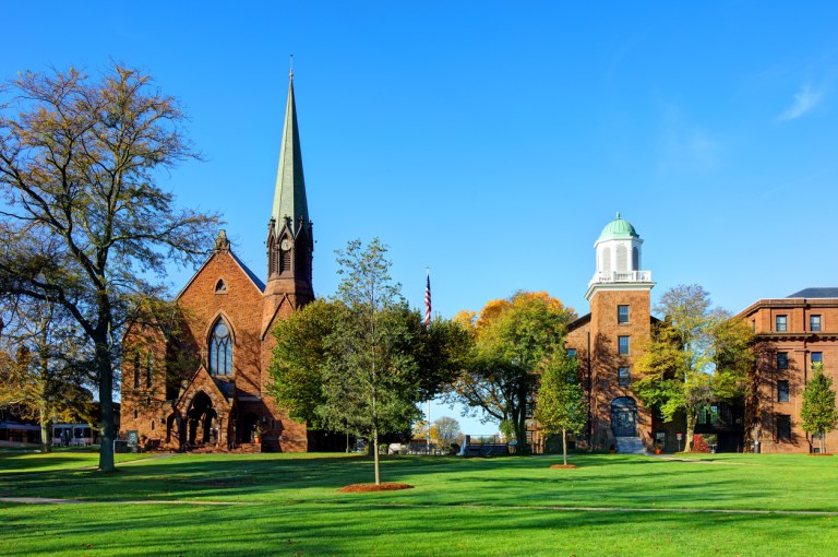 This 2017 photo shows the campus of Wesleyan University along High Street in Middletown, Connecticut.
