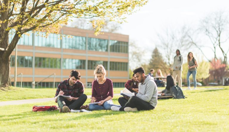 A roup of college students study on a campus lawn on a beautiful spring day. 