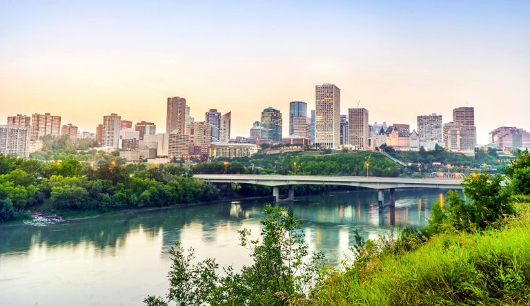 Edmonton downtown from riverbank in Alberta, Canada.