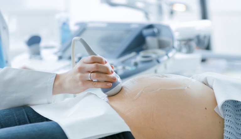 A doctor takes an ultrasound scan of a pregnant woman.