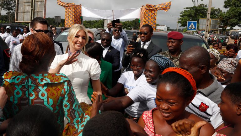 Villagers from Adzope react as U.S. White House senior adviser Ivanka Trump greets them, Wednesday April 17, 2019, in Adzope, Ivory Coast, where she will visit Cayat, a cocoa and coffee cooperative. 
