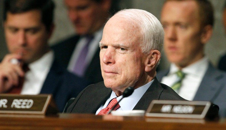 FILE - In this July 11, 2017 file photo, Senate Armed Services Committee Chairman Sen. John McCain, R-Ariz. listens on Capitol Hill in Washington, during the committee's confirmation hearing for Nay Secretary nominee Richard Spencer. Surgeons in Phoenix said they removed a blood clot from above the left eye of McCain. Mayo Clinic Hospital doctors said Saturday, July 15 that McCain underwent a "minimally invasive" procedure to remove the nearly 2-inch (5-centimeter) clot, and that the surgery went "very well." They said the 80-year-old Republican is resting comfortably at his home in Arizona. Pathology reports are expected in the next several days.