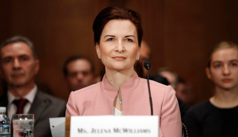 Jelena McWilliams attends a Senate Banking Committee hearing on her nomination, Tuesday, Jan. 23, 2018, on Capitol Hill in Washington. McWilliams is nominated to be Chairperson and a member of the Board of Directors of the Federal Deposit Insurance Corporation.