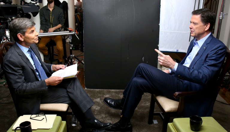 In this image released by ABC News, correspondent George Stephanopoulos, left, appears with former FBI director James Comey for a taped interview that will air during a primetime "20/20" special on Sunday, April 15, 2018 on the ABC Television Network. Comey's book, "A Higher Loyalty: Truth, Lies, and Leadership," will be released on Tuesday.