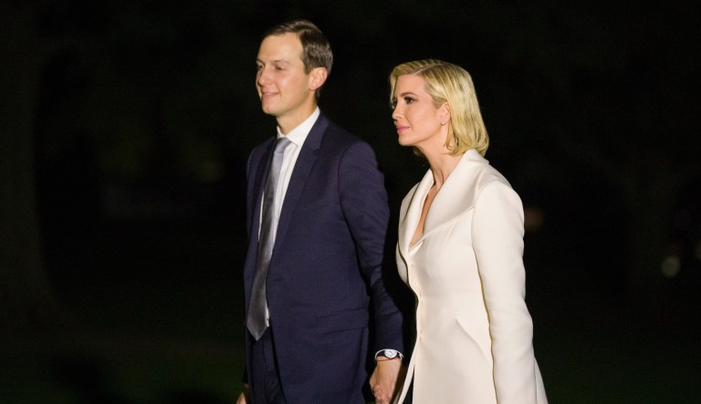 White House Senior Adviser Jared Kushner and his wife Ivanka Trump, the daughter and senior adviser to President Donald Trump, walk to the White House after stepping off Marine One on the South Lawn of the White House, early Friday, Oct. 18, 2019, in Washington.