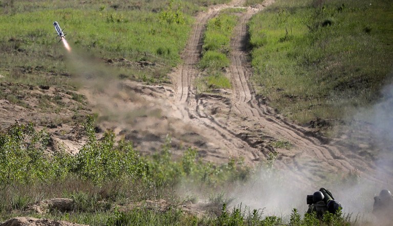 A Ukrainian soldier launches a US anti-tank missile Javelin during military training on a military training ground outside Kiev, Ukraine, Tuesday, May 22, 2018. The US has supplied Ukraine with a batch of Javelin anti-tank weapons, including 37 launchers and 210 missiles. A war conflict with the Kremlin backed separatists has hit Ukraine's east since 2014.