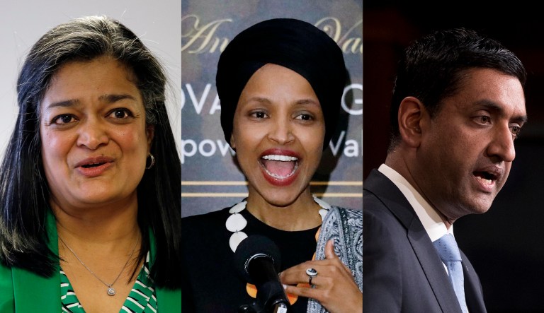 Reps. Pramila Jayapal, Ilhan Omar, and Ro Khanna are pictured.
