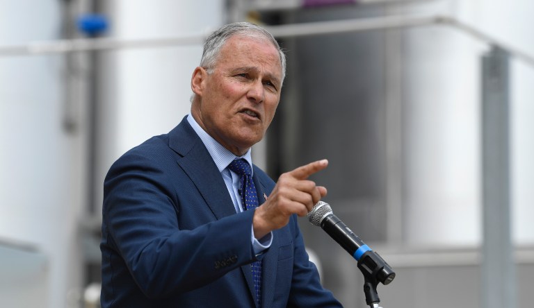 Democratic Presidential candidate Washington Gov. Jay Inslee speaks during an event at the Blue Plains Advanced Wastewater Treatment Plant in Washington, Thursday, May 16, 2019, during an event where he unveiled part of his plan to defeat climate change. 