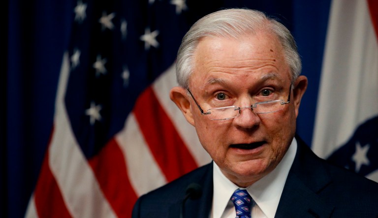Attorney General Jeff Sessions talks about efforts to combat violent crime during a stop at the U.S. Attorney's Office Thursday, Sept. 13, 2018, in Kansas City, Mo.
