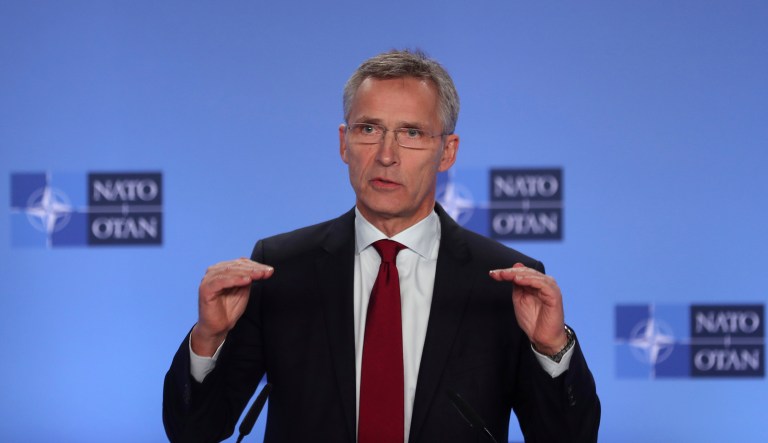 NATO Secretary General Jens Stoltenberg talks to journalists during a press conference at the NATO headquarters in Brussels, Monday, Nov. 26, 2018.