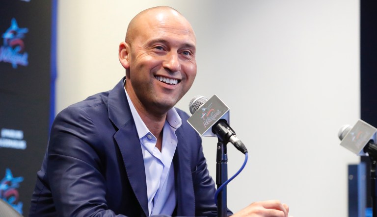 Miami Marlins CEO Derek Jeter smiles as he speaks, Friday, Sept. 20, 2019, during a news conference in Miami. The Marlins are on the verge of a 100-loss season, but Jeter says the long-suffering franchise has made progress in his two years as CEO, and heâs optimistic about the teamâs direction.
